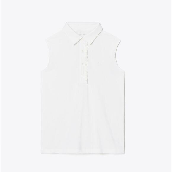 Tory Burch Sport White TECH PIQUÉ SLEEVELESS RUFFLE POLO Sz XL - Picture 1 of 7